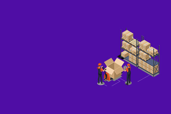 Isometric warehouse with boxes and workers unpacking