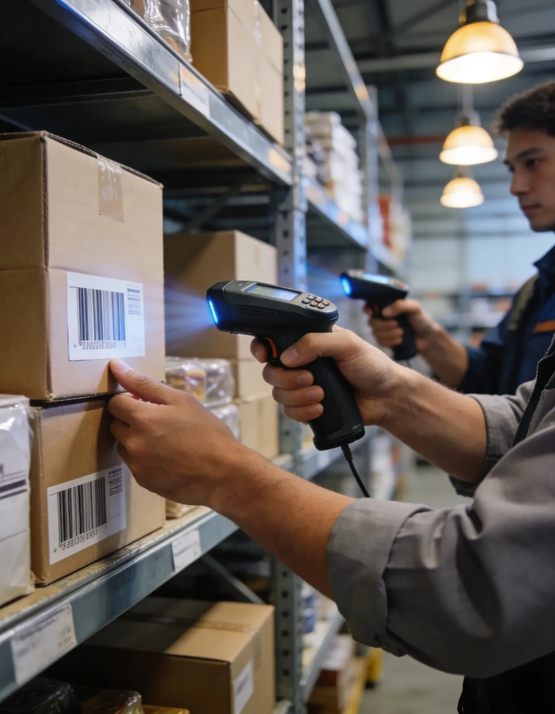 Warehouse worker scanning package barcodes with a handheld barcode scanner for inventory management