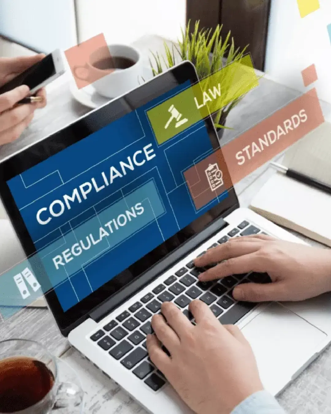 Compliance and reporting concept with laptop, law, regulations, and standards icons