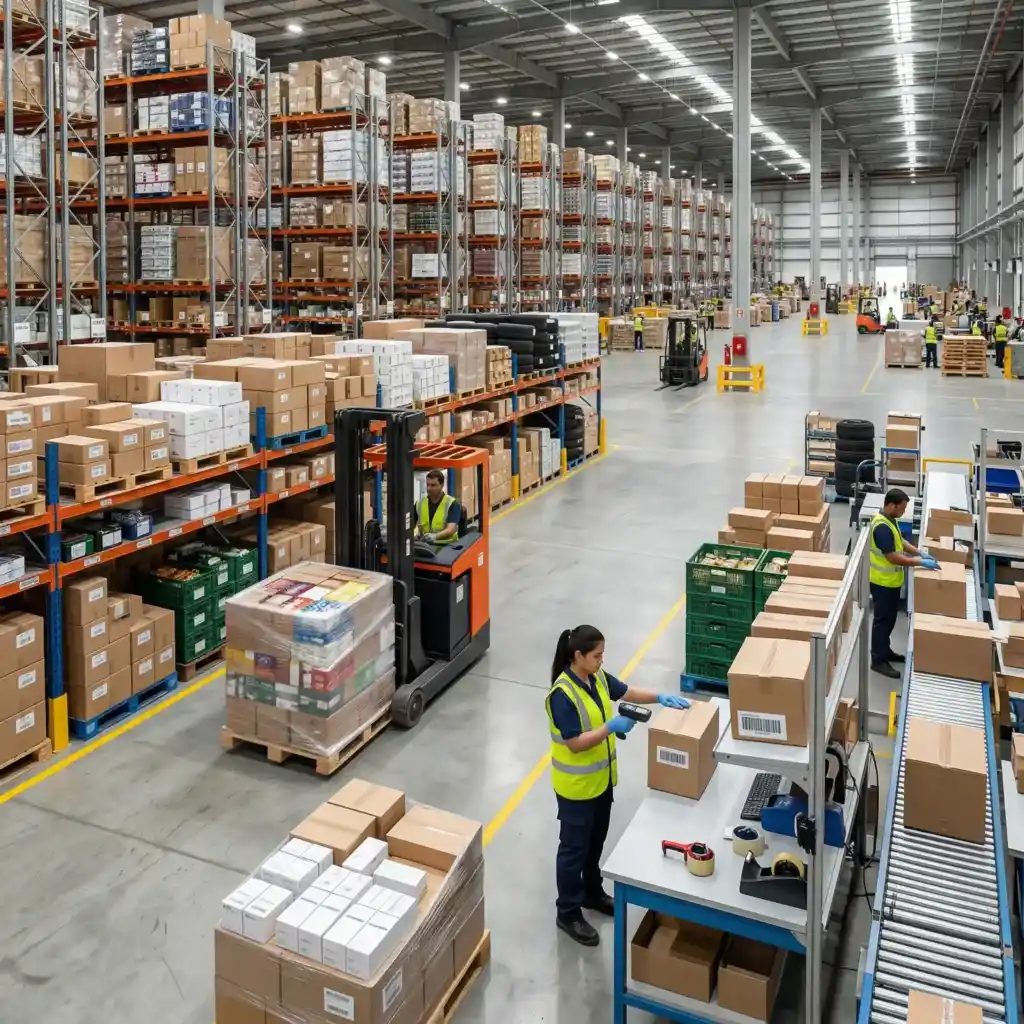 Modern warehouse with workers, forklifts, storage racks, pallets, and conveyor systems for efficient operations
