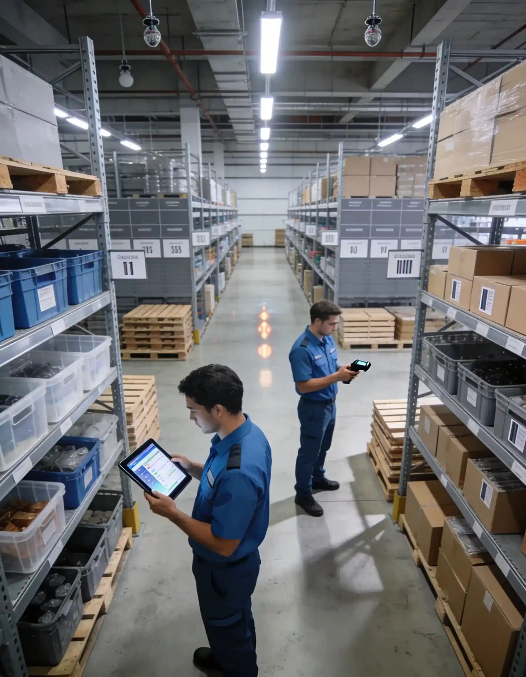 Warehouse workers using tablets to monitor inventory control and visibility across warehouse shelves