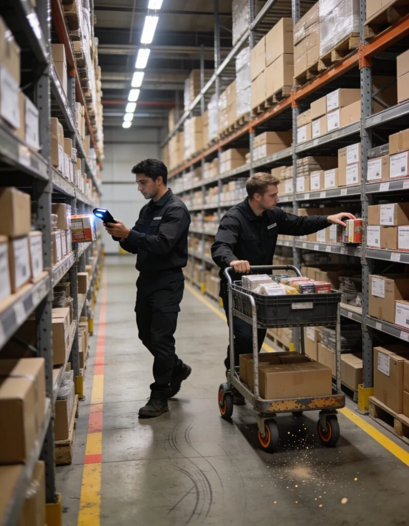 Warehouse workers picking and scanning orders from shelves using a cart