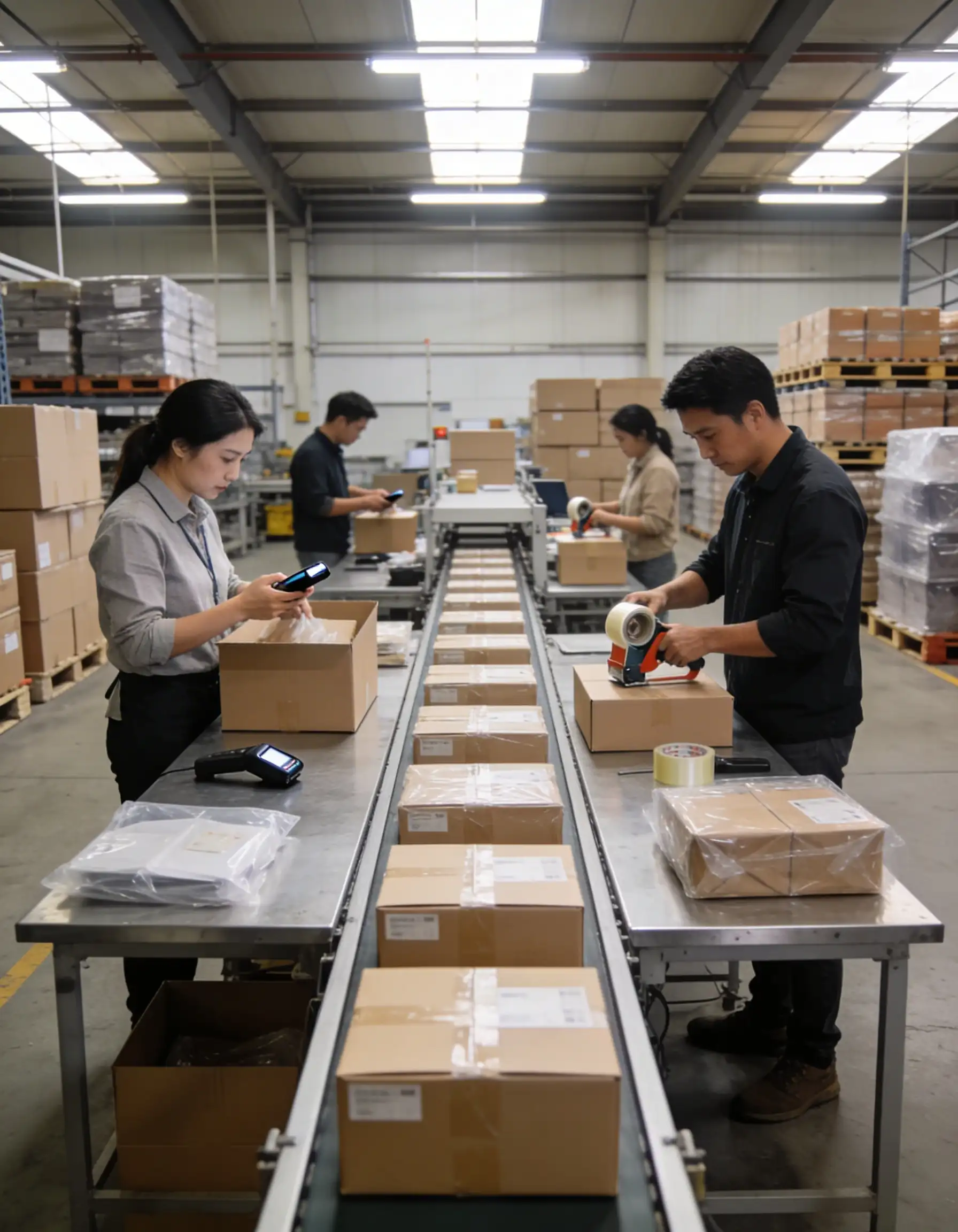 Warehouse workers packing and shipping boxes on a conveyor line