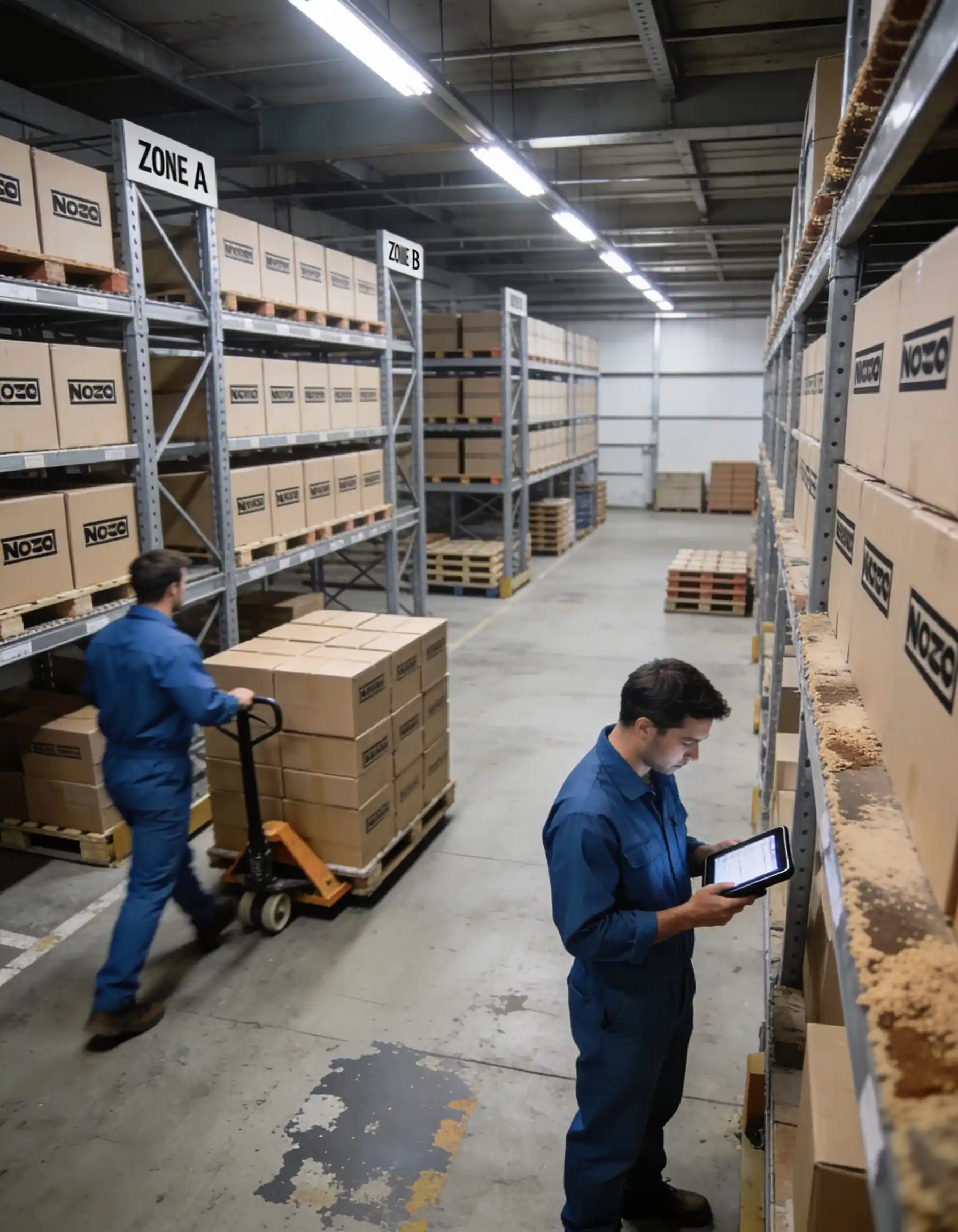 Warehouse workers managing stock transfers and inventory adjustments in a storage facility